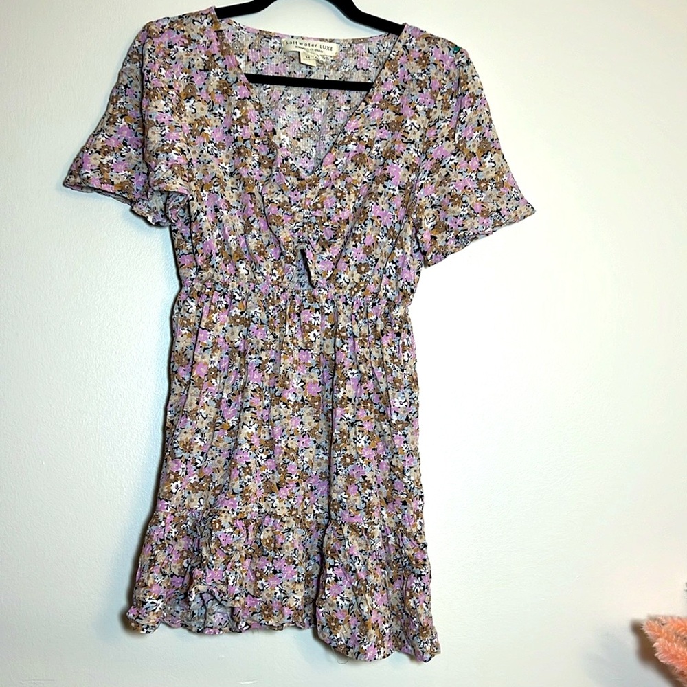 Saltwater Luxe Floral Short Sleeve Mini Beach Dress Medium